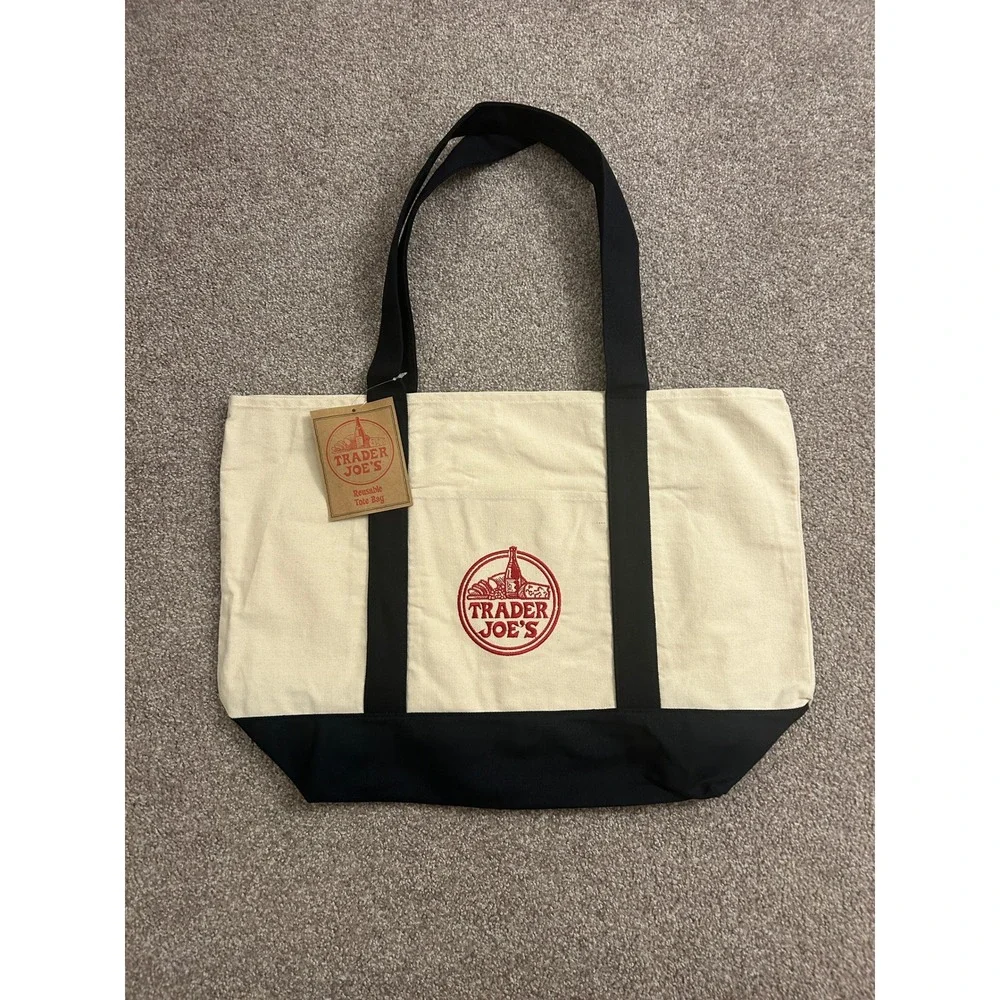 Trader Joe's Reusable Tote Bag Unisex Large Navy Blue Cream NEW Canvas Grocery
